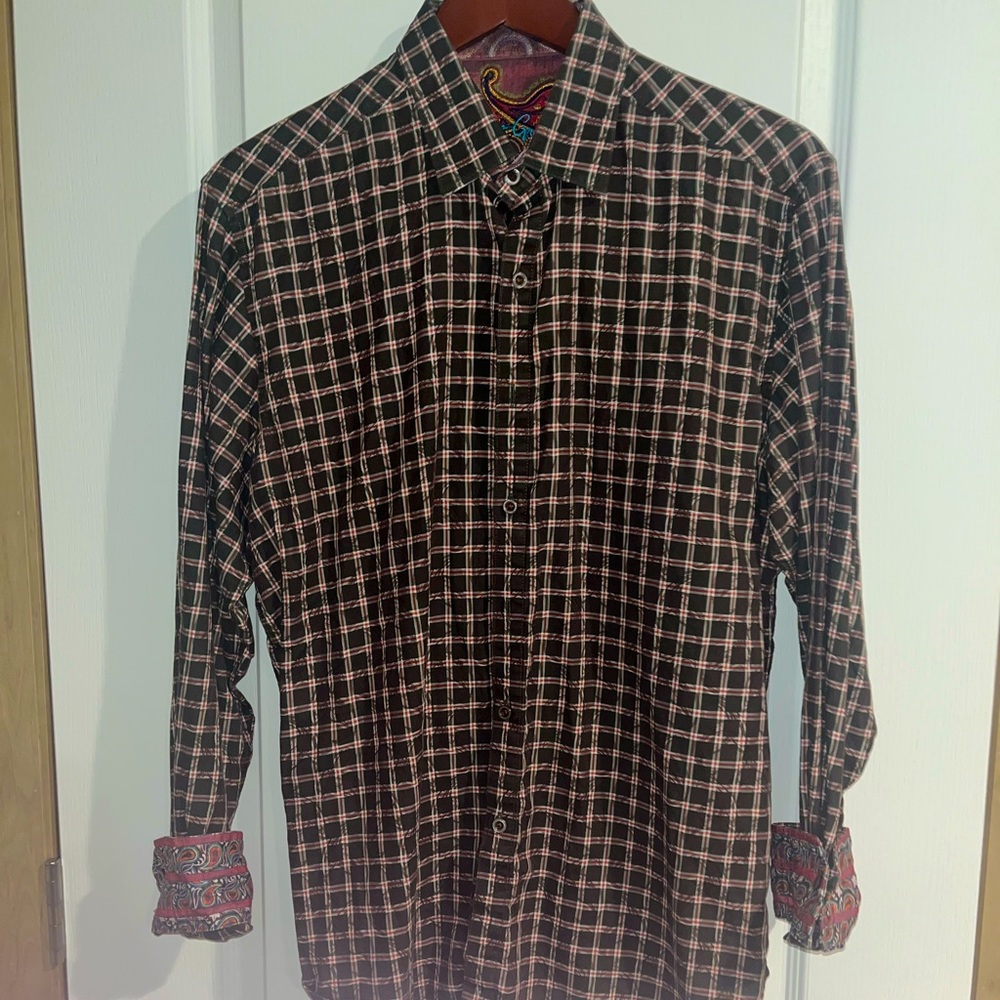 Men’s Robert graham size medium dress shirt olive green and burgundy